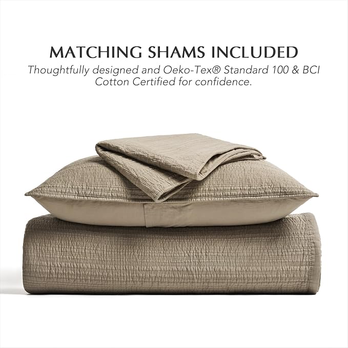 EVERGRACEHOME Cotton Sateen Channel Quilt Set, Queen Size, Stone Taupe | 100% Cotton, Pre-Washed Soft Coverlet Bedspread, 3-Piece Refined Channel Stitch Bedding Set for All Season, 2 Pillow Shams