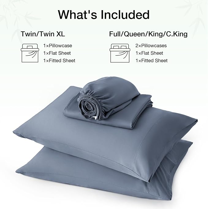 Love's cabin 3 Piece Twin Sheet Set, 100% Rayon Derived from Bamboo, Cooling & Breathable, Soft Silky Deep Pocket up to 16", Hotel Luxury Bedding for Hot Sleepers, Bluish Grey