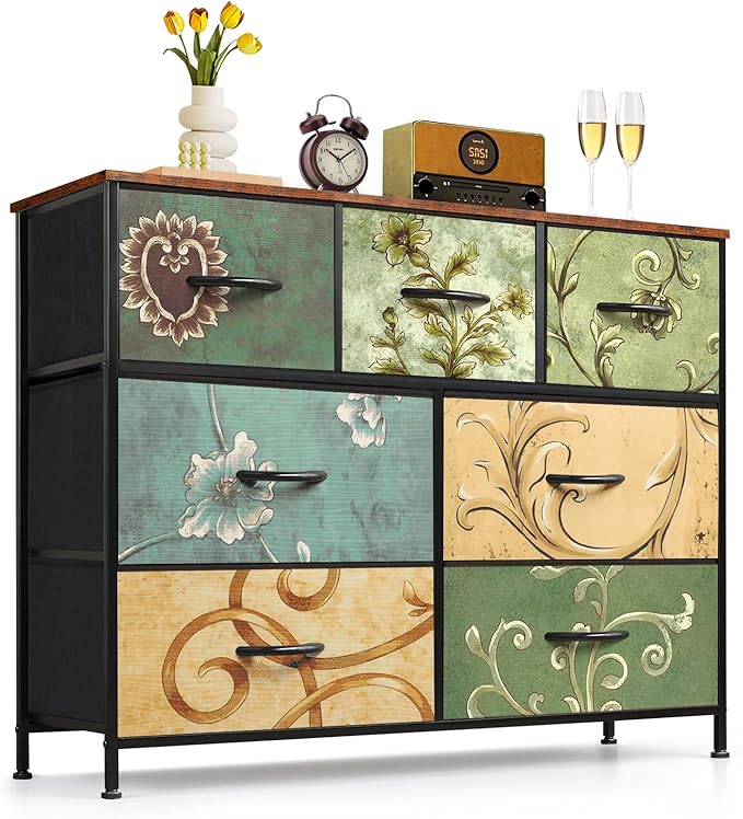 7-Drawer Dresser for Bedroom, Anti-Tip Wide Storage Organizer Fabric | Chest of Drawers TV Stand for 45" TV with Wooden Top Metal Frame for Closet, Living Room, Hallway, Entryway, Floral Painted