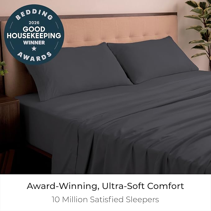 Mellanni Iconic 4-Piece, Ultra Soft Sheet Set (California King, Charcoal) | 10M+ Sleepers. Lab-tested: Sleeps Cool, Stays Bright, Strong, Smooth. Good Housekeeping Best Bedding, 7 yrs running.