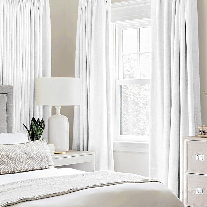 MIULEE 100% Blackout Linen Curtains for Bedroom 52x45 Inches Bright White | Room Darkening, Light Blocking, Thermal Insulated, Grommet Top, Linen Textured, Window Curtains for Living Room, 2 Panels