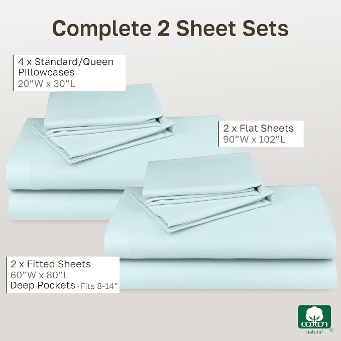 2-Pack Soft Natural 100% Cotton Sateen Queen Sheet Set Deep Pocket, Seafoam | Backed by Good Housekeeping Seal, Light & Breathable For Hot Sleepers, 14" Deep Pocket, All-Around Elastic, Durable