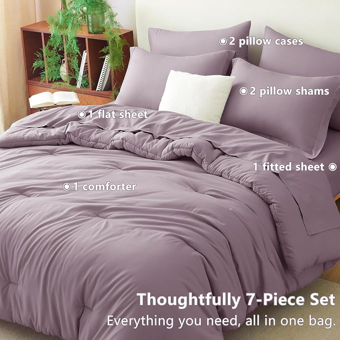 Queen Comforter Set Dusty Purple, 7 Pieces Bed in a Bag | OEKO-TEX Certified, All-Season, Bedroom, 240GSM Down Alternative Comforter, Flat & Fitted Sheets, 2 Pillowcases & 2 Shams
