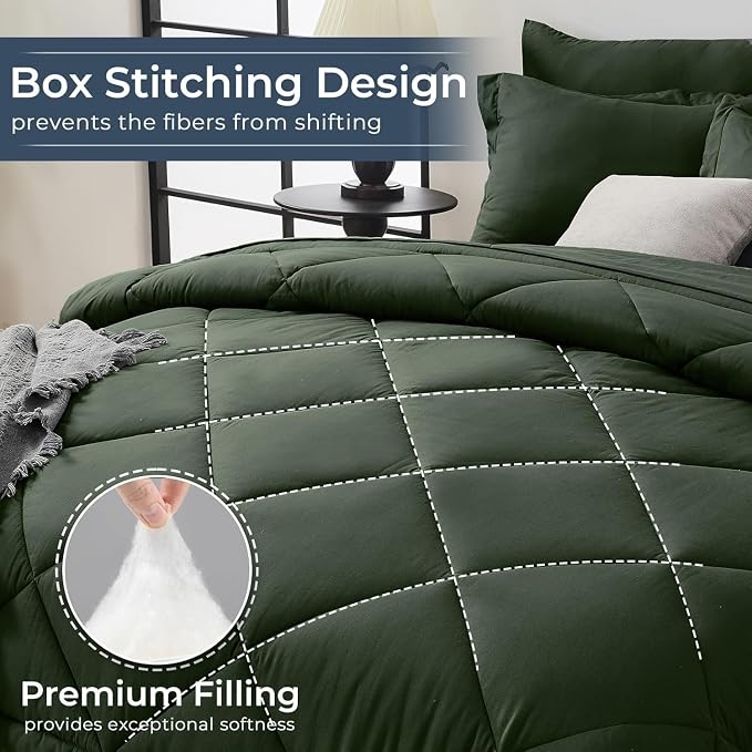 7-Piece Oversized Queen Comforter Set, Dark Green | Reversible, All-Season, Soft, 7 Piece Set, All-Season Reversible Bed in a Bag, Flat Sheet, Fitted Sheet, Pillowcases