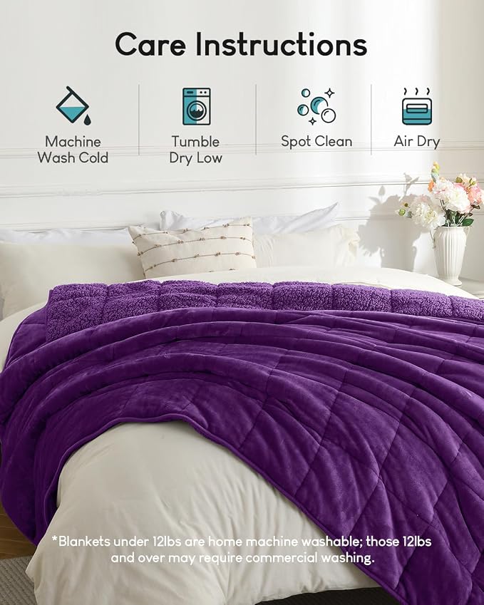 Cottonblue Fleece Weighted Blanket 15 lbs for Adults Twin Size 48x72in Soft | Cozy Flannel Sherpa Weighted Blankets Throw Comfortable for Calm Sleep Relax, Warm Fuzzy Purple Heavy Blanket for Bed Couch