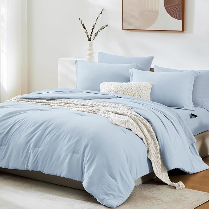 King Size Comforter Set- 7 Pieces Prewashed Bed in a Bag King Bedding Sets | Soft All Season Comforter with Sheets, Pillow Shams & Pillowcases,Ice Blue