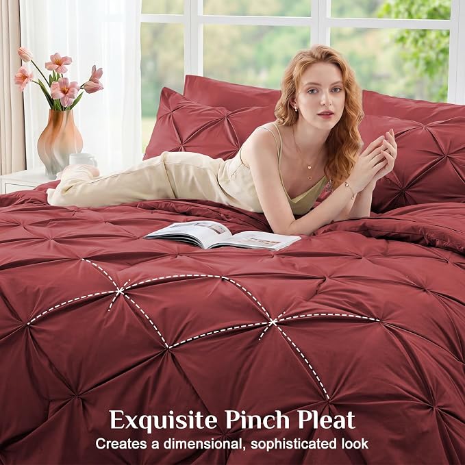 JOLLYVOGUE King Size Comforter Set 7 Pieces - Bed in a Bag King for All Season, Pintuck Bedding Comforter Sets with Comforter, Flat Sheet, Fitted Sheet and Pillowcases & Shams, Burgundy