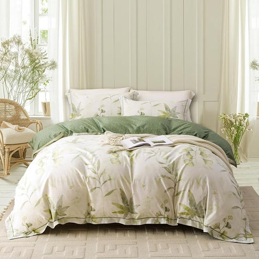 OAITE King Floral Pattern Duvet Cover Set Unique Design 3pcs 100% Cotton | Exquisite Stitched Hem, Breathable,Soft,Dual Zipper,8 Corner Ties,Easy Care for All Season