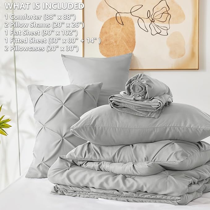 Queen Comforter Set Light Grey, 7 Pieces Pintuck Bed in a Bag | OEKO-TEX 100 Certified, 240GSM All Season, Bedroom, Guest Room, Down-Alternative Comforter, Sheets, Pillowcases & Shams