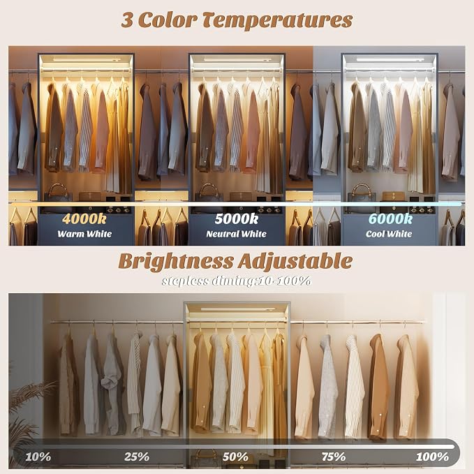 Aheaplus Closet System with Motion-Sensing Light, 3 Wooden Drawers and 4 Hanging Rods, Customizable Walk-in Closet Organizer with 3CCT LED, Heavy Duty Garment Rack for Bedroom,Grey
