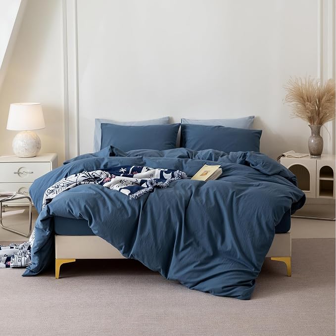 BDEAR 3Pcs Gray Blue Duvet Cover Set Queen Size 90" L x 90" W, Oeko TEX | 100% Washed Cotton, 1 Duvet Cover with 2 Pillowcases, Zipper Closure, 8 Corner Ties,Linen-Liked Texture, Skin Friendly