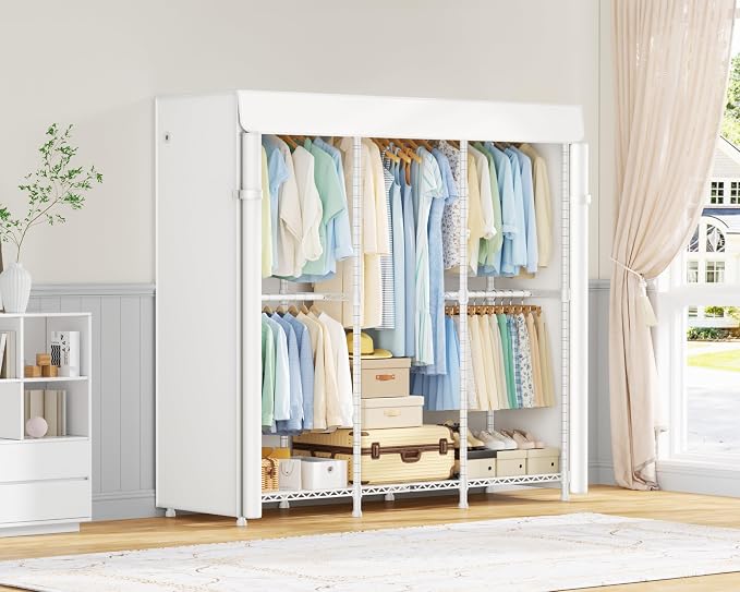 ULIFHOME E14C Heavy Duty Closet Organizer System，Freestanding Clothing Racks for Hanging Clothes，Adjustable Garment Rack 58" W × 16" D × 77" H Hold 860 lbs，White Rack with White Cover