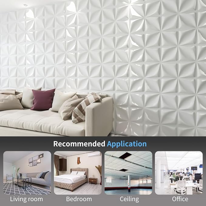 Art3d 19.7" x 19.7" (Pack of 12) 3D Wall Panels Lucky Leaves PVC Wall Panel for Inter Decoration, Living Room, TV Background, Office, White