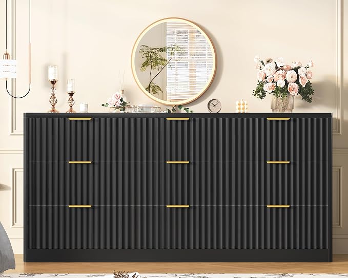 Fluted Dresser for Bedroom with 9 Drawers, 63" Wide Modern Chest of Drawers with Metal Handle & Curved Profile Design, Wood Closet Clothes Storage Organizer for Living Room, Hallway, Black