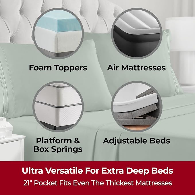 Mellanni Iconic 4-Piece, Ultra Soft Sheet Set (King, Sage) | 10M+ Sleepers. Lab-tested: Sleeps Cool, Stays Bright, Strong, Smooth. Good Housekeeping Best Bedding, 7 yrs running.
