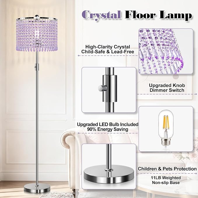 【Upgraded】 Dimmable Crystal Floor Lamps for Living Room with Chandelier Lampshade, Standing Lamp with Knob Switch, Tall Purple Floor Lamp for Bedroom, Dresser, Office