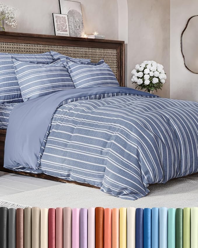 Duvet Cover Full Size - 3 Piece with Zipper Closure - Blue Stripes | Extra Soft, Breathable, Full Duvet Cover 80" x 90" with 2 Pillow Shams, Zipper Closures & Ties, Women, Men, Kids & Teens