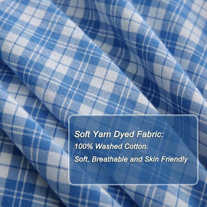 Silnuo Pastel Blue/White Plaid Ruffle Duvet Cover Set King Size | 100% Washed Cotton Farmhouse Gingham Checkered Bedding Set Vintage 3-Piece Comforter Cover Set(King,Pastel Blue/White)