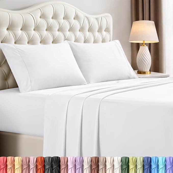 Full Sheets Set, 4 Pieces 16" Deep Pocket Hotel Luxury Bed Sheets, White | Extra Soft Bedsheet Set, Comfy & Breathable Cooling Sheets, Wrinkle & Fade Resistant, Fitted Sheet, Flat Sheet, 2 Pillowcases