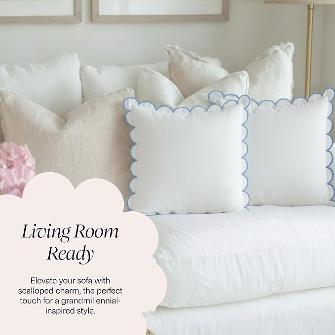 BEBE BASK Scalloped Pillow Cover Set of 2, 18x18, 100% Cotton - White/Blue | 100% Cotton, Scallop Pillow Covers, Grandmillennial Style, 18 by 18 Inch, Easy to Care, Machine Washable, Scalloped Pillows