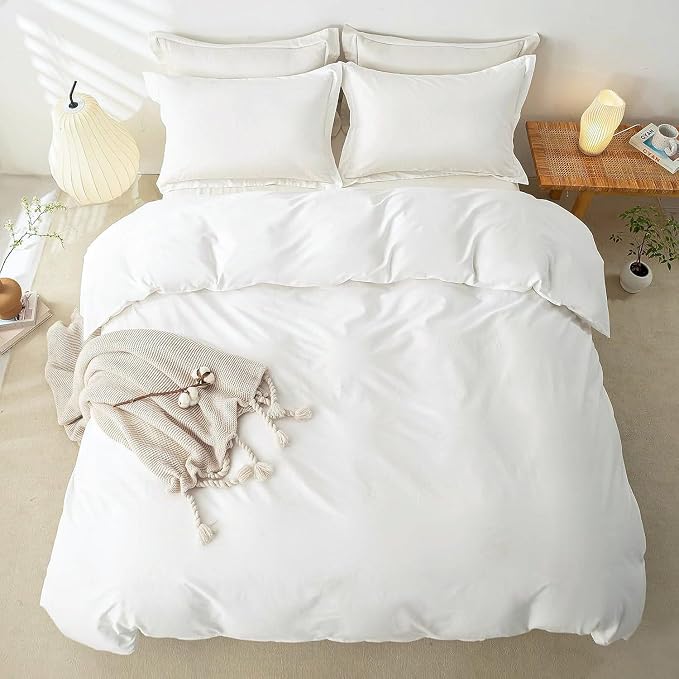 OAITE Duvet Cover Set 100% Washed Cotton Solid 3pcs | Soft,Durable,Long-staple Cotton,Hidden Zipper with 8 Interior Corner Ties,2 Pillowcases,68"X90"