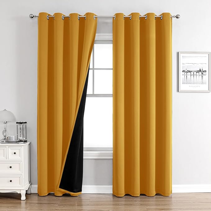 ChrisDowa 100% Blackout Curtains for Bedroom 108 Inches Long 2 Panels Set | 2 Thick Layers Light Blocking Thermal Insulated Grommet Long Window Curtains for Living Room, Mustard Yellow, 52 x 108 Inch