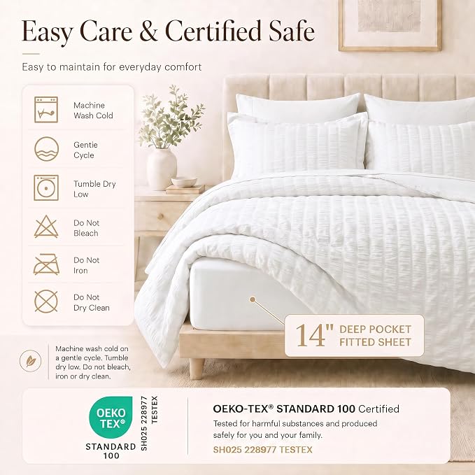 Full Size Comforter Sets, 7 Pieces White Seersucker Bed in a Bag | OEKO-TEX Certified, All Season Bedding Set with 240 GSM Down Alternative Comforter, Flat & Fitted Sheets, Pillowcases & Shams
