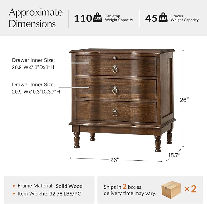 HULALA HOME Solid Wood End Table Set of 2 with Charging Station, 3 Drawer End Table with Pull-Out Tray, USB & Type-C Ports, Traditional Curved Front Accent Side Table for Living Room Sofa, Walnut