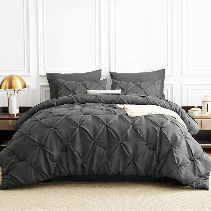 Twin XL Comforter Set Dark Grey, 5 Pieces Pintuck Bed in a Bag | College Dorm Essentials, OEKO-TEX 100 Certified, 240GSM All Season, Down-Alternative Comforter, Sheets, Pillowcase & Sham