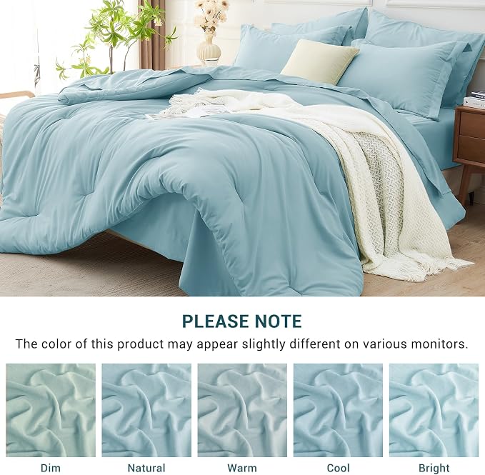 7 Pieces Queen Comforter Set, Soft Bed in a Bag Queen Size, All Season Bedding Set with Comforter, Flat Sheet, Fitted Sheet, Pillowcases & Shams, Lake Blue