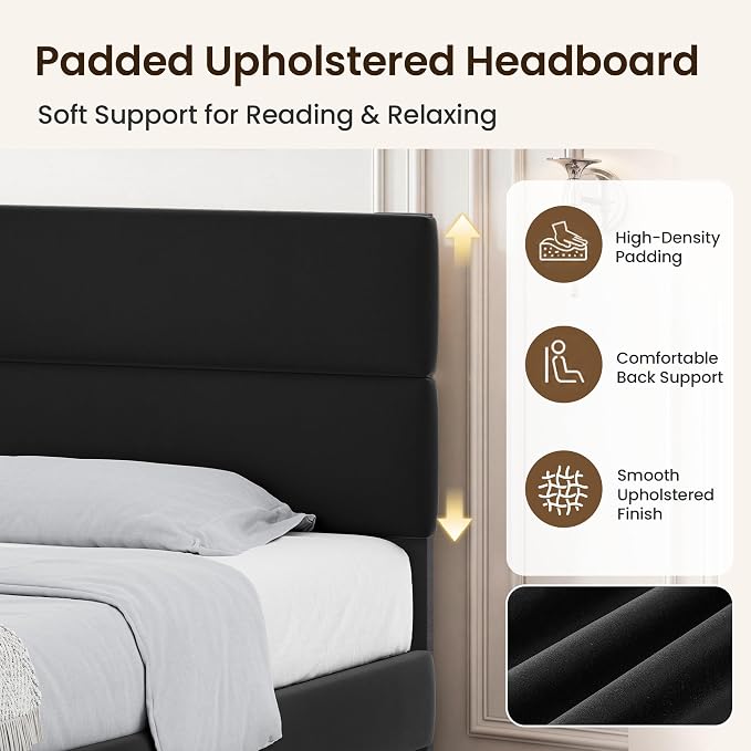 GRUSIGN King Size Platform Bed Frame with Velvet Headboard, Adjustable Height Wooden Slats Support, Upholstered Mattress Foundation, Fits Mattress or Mattress with Box Spring, Easy Assembly, Black