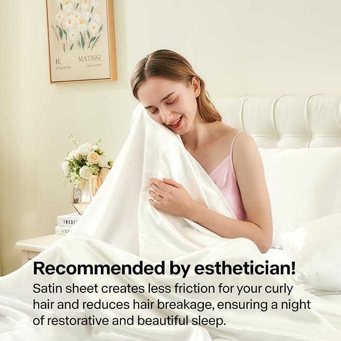 BEDELITE Satin Sheets Full Size Bed Set, Ivory White, 4 Pieces | Luxury Silky Bed Sheets, 15 Inch Deep Pocket, Similar to Silk, Soft and Cooling, Reduces Friction, Gentle on Hair and Skin