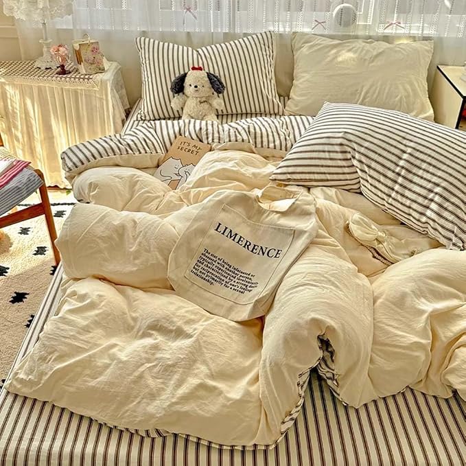 Nayoroom Striped Duvet Cover Queen Size Brown Stripe Reversible Yellow Duvet Cover Aesthetic Dorm Bedding Set 3 Pieces Soft Microfiber Farmhouse Bedding Set Gifts for Women Men