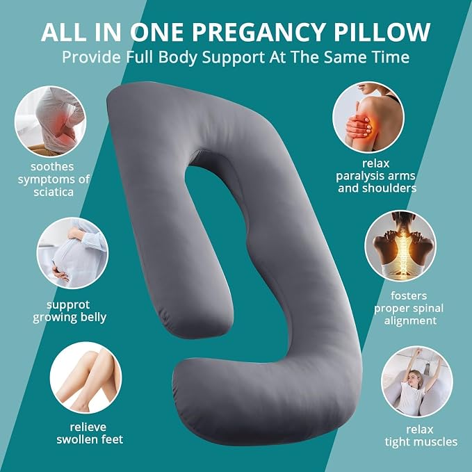 Cooling Pregnancy Pillows for Sleeping, 57'' Full Body Pillow, Dark Grey | Sasttie Maternity Pillow, OEKO-TEX, Down Alternative, Removable Cover, Pregnant Women Must Haves, Maternity Essential