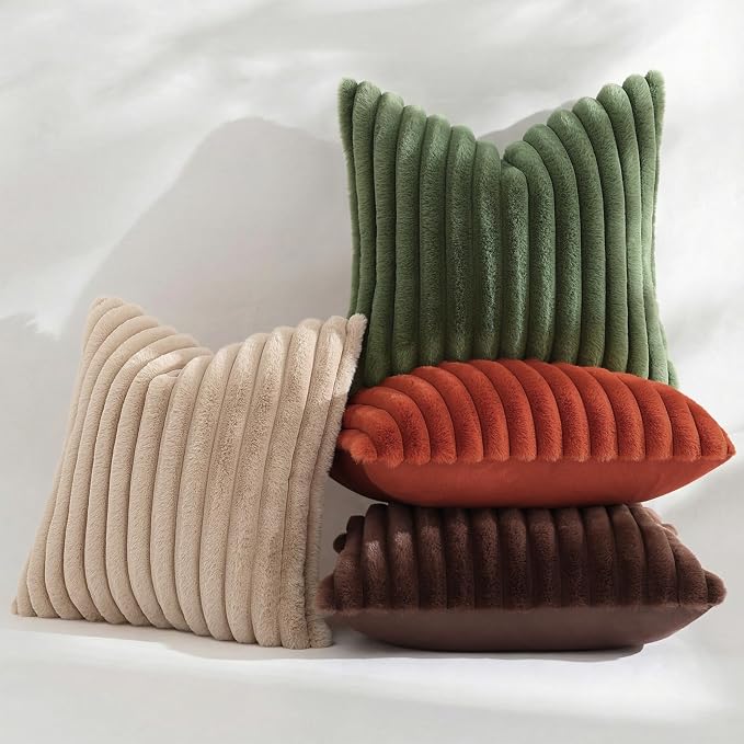 decorUhome Fall Faux Fur Throw Pillow Covers 12x20 Set of 2 Khaki Brown | Decorative Soft Cozy Striped Plush Modern Farmhouse Boho Couch Pillow Cases Velvet Back for Sofa Bed Living Room Home Decor