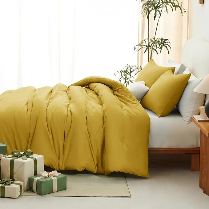 Queen Comforter Set 3-Piece Down Alternative Bedding Mustard Yellow | 270 GSM All Season Comforter with 4 Corner Ties for Use as a Duvet Insert, OEKO-TEX Certified, 2 Pillowcases, 88 x 88 in