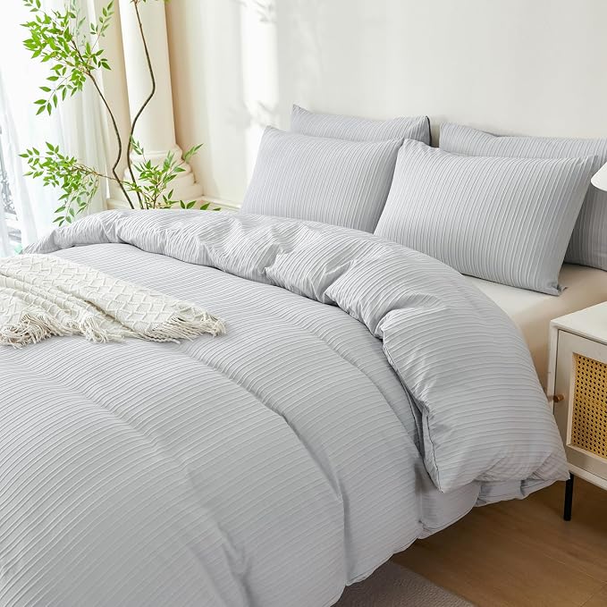 Comforter Set Queen Light Grey Striped Washed Microfiber 3 Pieces Jacquard Bedding, Grey Vertical Ticking Stripes Comforter with 2 Pillowcases, Luxury Soft Breathable Durable Comfy