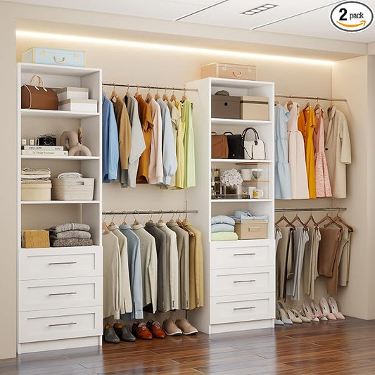 Closet System with 6 Drawers, 5-14FT Custom Closet Organizer System with 8 Expandable Hanging Rods&Adjustable Shelves, Modular Wood Closet Systems Tower for Walk in Closet Storage, 2 Sets, White
