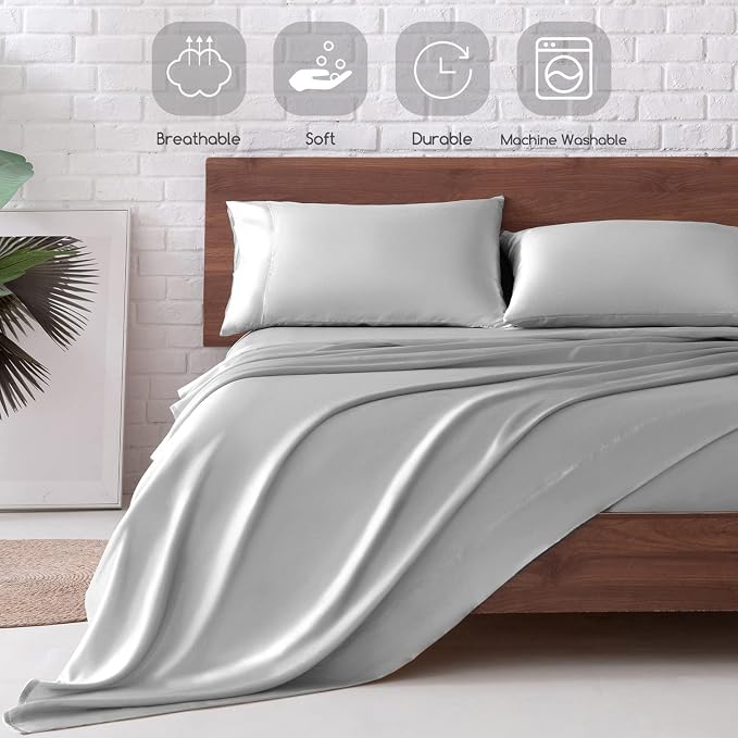 MR&HM Satin Sheets Queen Size with Elastic Corner Straps, Silver Grey | Similar to Silk, 4-Piece Silky Soft Bed Sheet Set, Gentle on Skin and Hair, 15" Deep Pocket, Cooling & Breathable