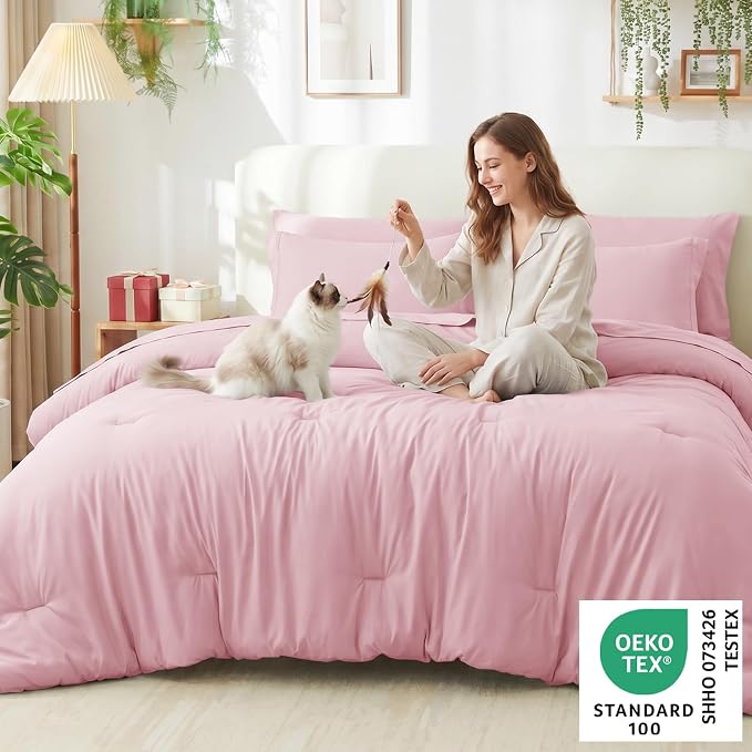 King Size Comforter Set Pink, 7 Pieces Bed in a Bag | OEKO-TEX Certified, All-Season, Bedroom, 240GSM Down Alternative Comforter, Flat & Fitted Sheets, 2 Pillowcases & 2 Shams