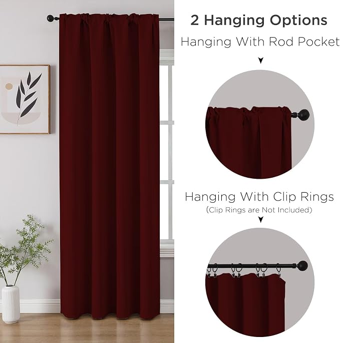 CUCRAF Burgundy Red Blackout Curtains 84 inch Length 2 Panels Set, Rod Pocket Room Darkening Drapes for Bedroom Living Room, Insulated Thermal Light Blocking Window Curtain (W52 x L84 Inch)