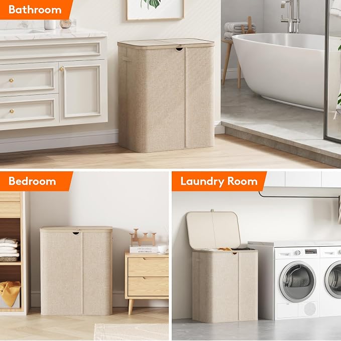 Lifewit 165L 3 Section Laundry Hamper with Lid, Laundry Basket, Beige | Large Foldable Laundry Sorter with 3 Removable Bags, Tall Clothes Hamper for Bedroom and Bathroom