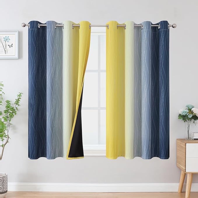 Navy Blue and Yellow Ombre Blackout Curtains for Bedroom 54 Inches Long | Estelar Textiler Room Darkening Curtains for Bathroom,Thermal Insulated,Light Blocking Grommet Window Drapes,52Wx54L,2 Panels