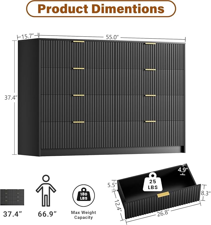 Furniway Black Dresser for Bedroom, Modern Dresser with 8 Drawers and Smooth Slides, Wide Chest of Drawers with Golden Handles for Bedroom, Closet, 15.7" D x 55" W x 37.4" H