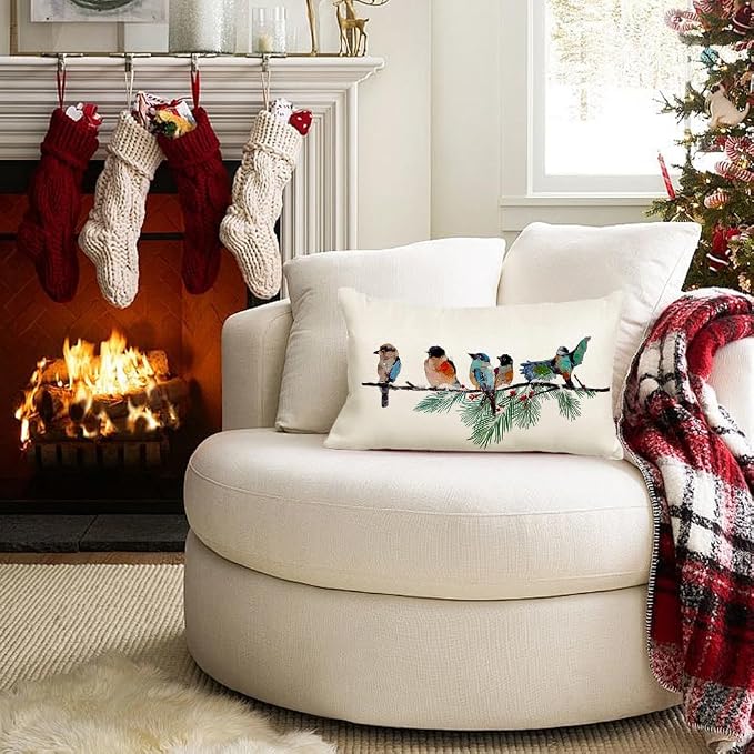 RABUSOFA Christmas Pillow Covers 12x20 Inch Birds Christmas Decorations Christmas Winter Lumbar Throw Pillow Cases Xmas Outdoor Birds Decor Decorative Pillows for Couch Holiday Teal