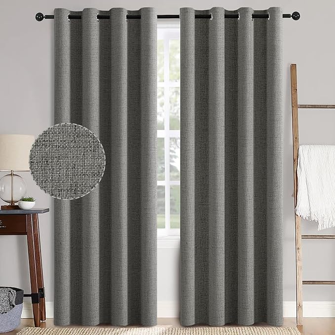 MIULEE 100% Blackout Linen Curtains for Bedroom 52x72 Inches Dark Grey | Room Darkening, Light Blocking, Thermal Insulated, Grommet Top, Linen Textured, Window Curtains for Living Room, 2 Panels