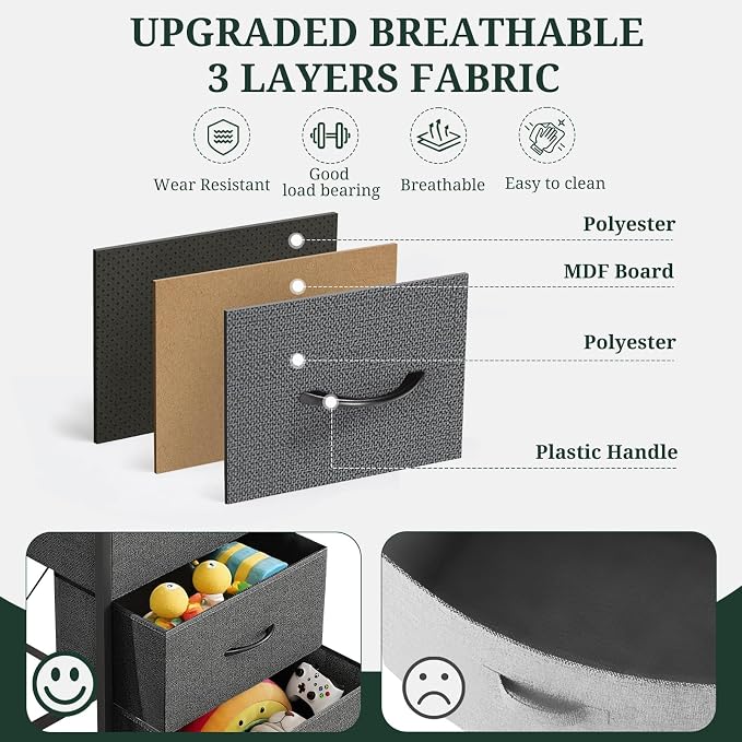 5 Drawers Dresser for Bedroom Fabric Storage Tower with Wooden Top | Steel Frame Tall Chest of Drawers for Closet, Entryway, Dorm, Gray