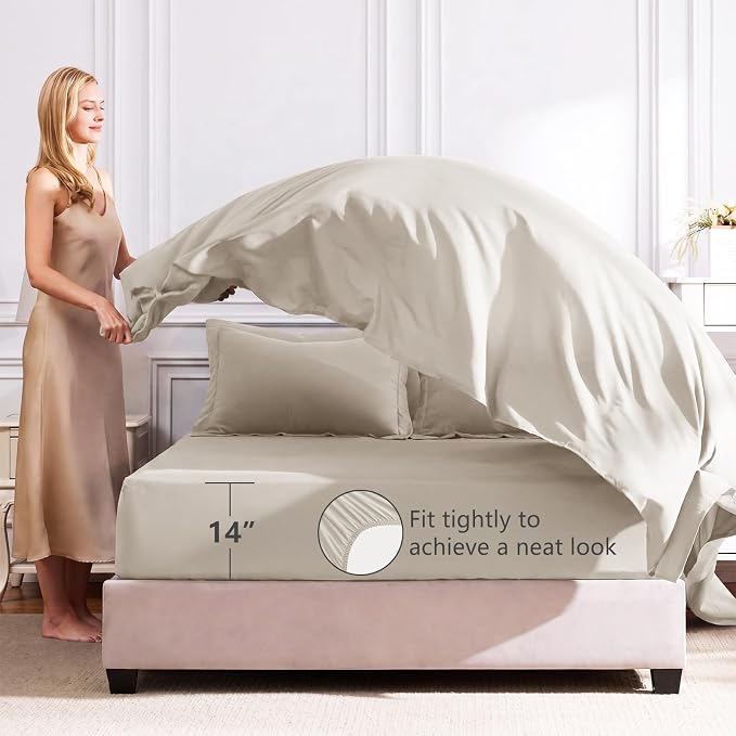 Queen Comforter Set with Sheets Beige - 7 Pieces Bed in a Bag | OEKO-TEX Certified, All Season, 240GSM Down-Alternative Comforter, Sheets, Pillowcases & Shams, 14" Deep Pocket, Easy Care