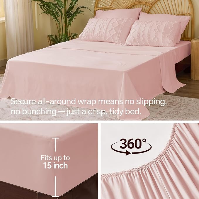 BEDELITE Queen Comforter Set 7 Pieces,Boho Bed in a Bag,Pink | Tufted Bed Set for All Seasons,Soft Farmhouse-Style Embroidery Bedding,Includes Flat & Fitted Sheets,2 Pillowcases & 2 Shams