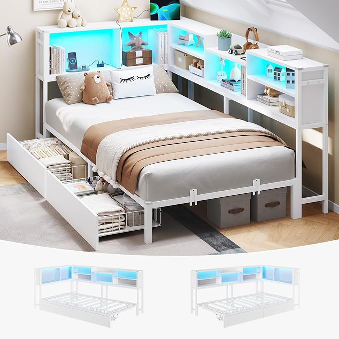 DICTAC Twin Corner Bed Frame with 2 Storage Drawers and Bookcase Headboard,Twin Size Metal Platform Bed Frame with Charging Station and Led Lights,Modern Twin Daybed for Kids,Teen and Guests,White